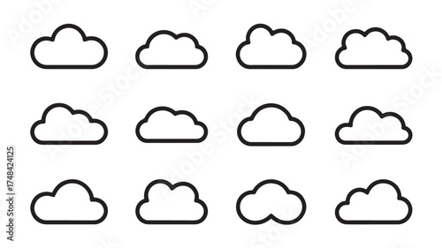 Collection of simple white cloud icons with black outlines on a white background.