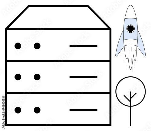 Rocket blasting upwards alongside a three-tier data server and simplistic leafless tree. Ideal for technology, data storage, innovation, growth, entrepreneurship, environmental tech, progress. Clean