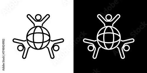 Vector line icon of people around globe symbolizing global community unity international teamwork and worldwide connection in black and white outline style