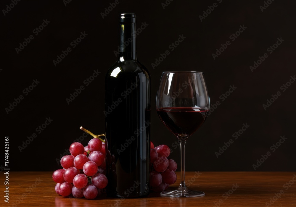Fototapeta premium Elegant red wine bottle and glass with grapes on wooden table