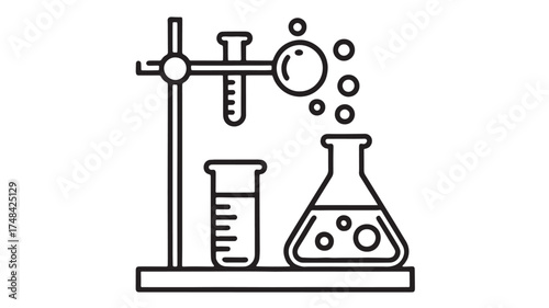 Bubbling chemical reaction in laboratory beakers and flasks on a stand