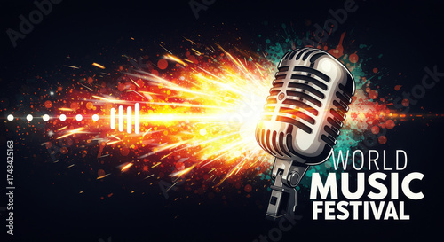 Vintage microphone with bright fiery sound waves and World Music Festival text for International Music Day celebration.
