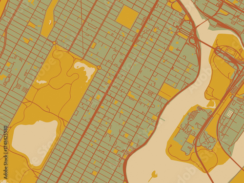Contemporary flat map of East Harlem, New York rendered with earthy sage background with rust roadways and ochre details.