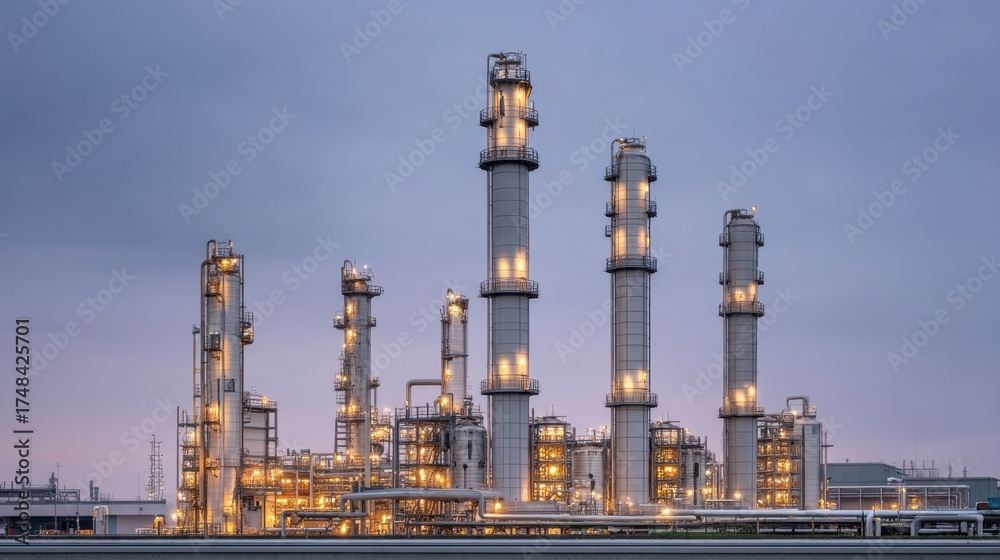 Obraz premium Industrial complex with illuminated towers at dusk, showcasing modern architecture and technology in manufacturing and energy production