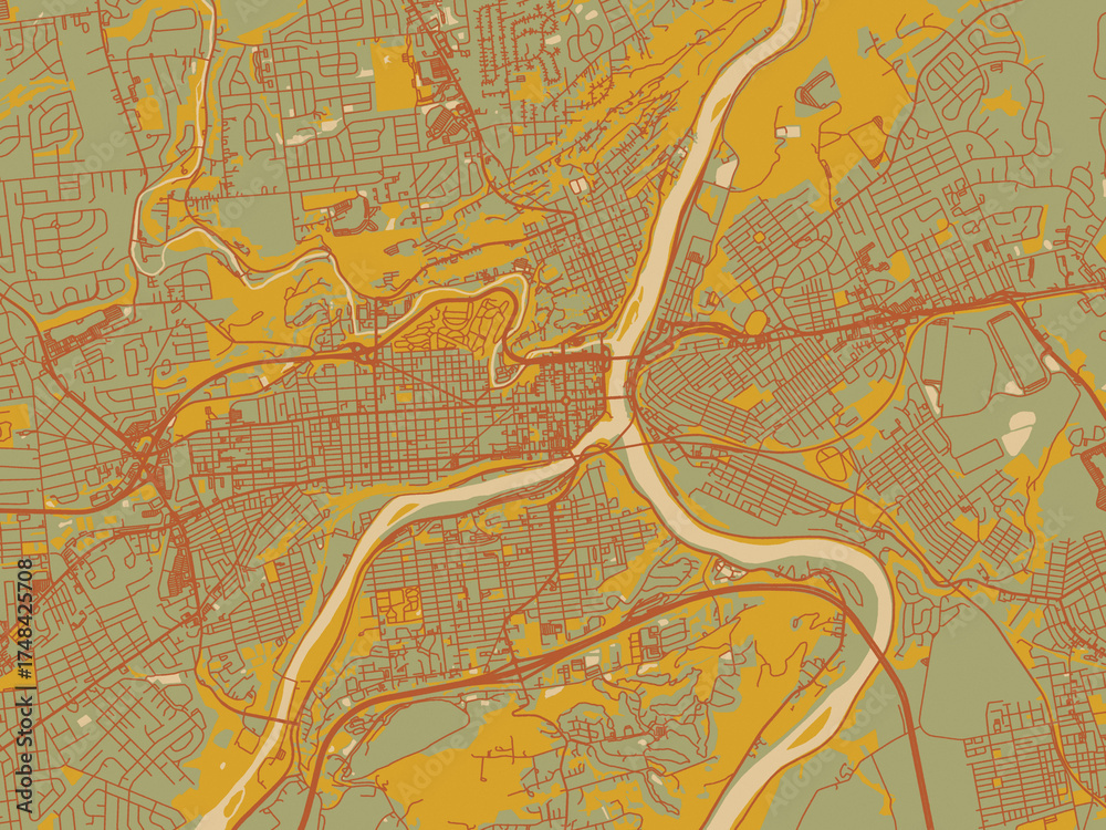 Obraz premium Abstract flat-design map of Easton - Philipsburg, Pennsylvania, featuring sage green ground with rust-red roads and ochre accents.