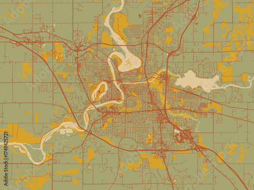 Poster-ready flat map of Eau Claire, Wisconsin, sage/olive tone field with rust networks and ochre shapes, cream water.