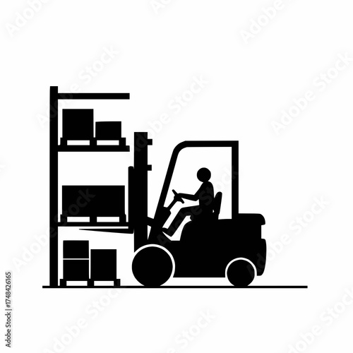 black and white warehouse forklift hazard icon, forklift silhouette, no text