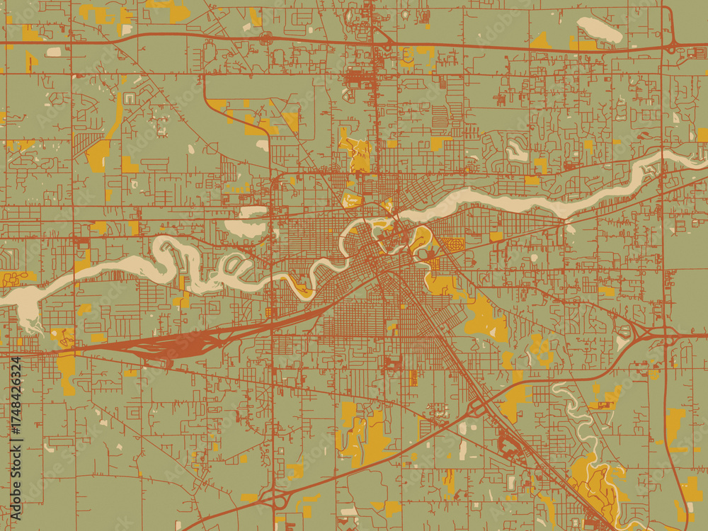Naklejka premium Minimalist flat city map of Elkhart, Indiana with earthy sage background with rust roadways and ochre details.