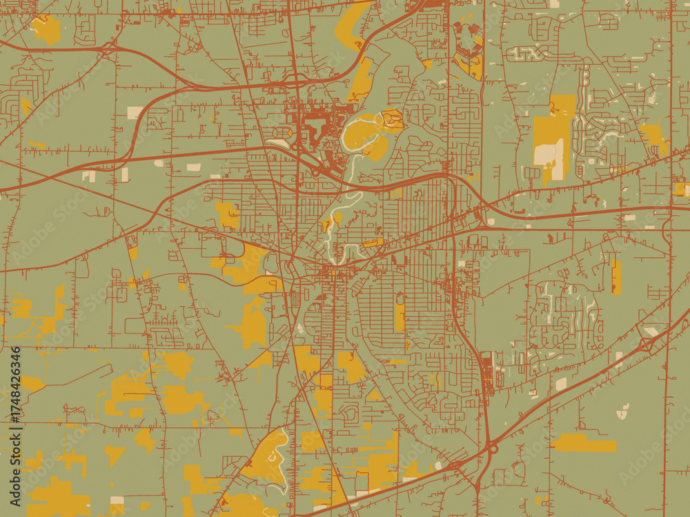 Fototapeta premium Abstract flat-design map of Elyria, Ohio, featuring earthy sage background with rust roadways and ochre details.
