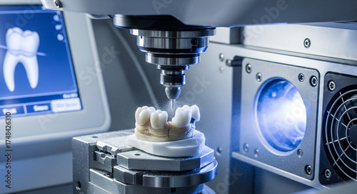 Advanced dental milling machine precisely carving ceramic tooth crown from block, with digital display showing tooth model, representing modern dental prosthetics and cadcam technology