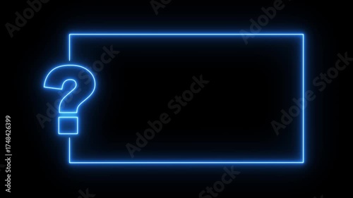 Question mark neon sign light on black background. Quiz trivia game competition. blue neon question mark frame for quizzes and FAQs. Game announcement neon message.  Answer question, Examination test.