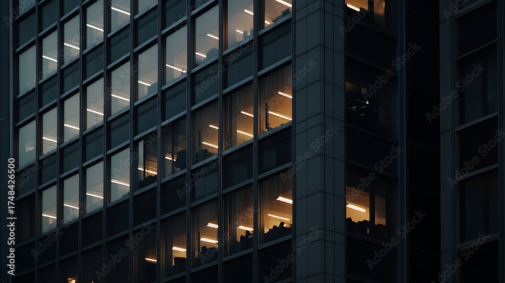 Fototapeta premium Urban Office Building at Night: Illuminated windows reveal late-night work in a high-rise structure, highlighting the contrast between light and shadow.