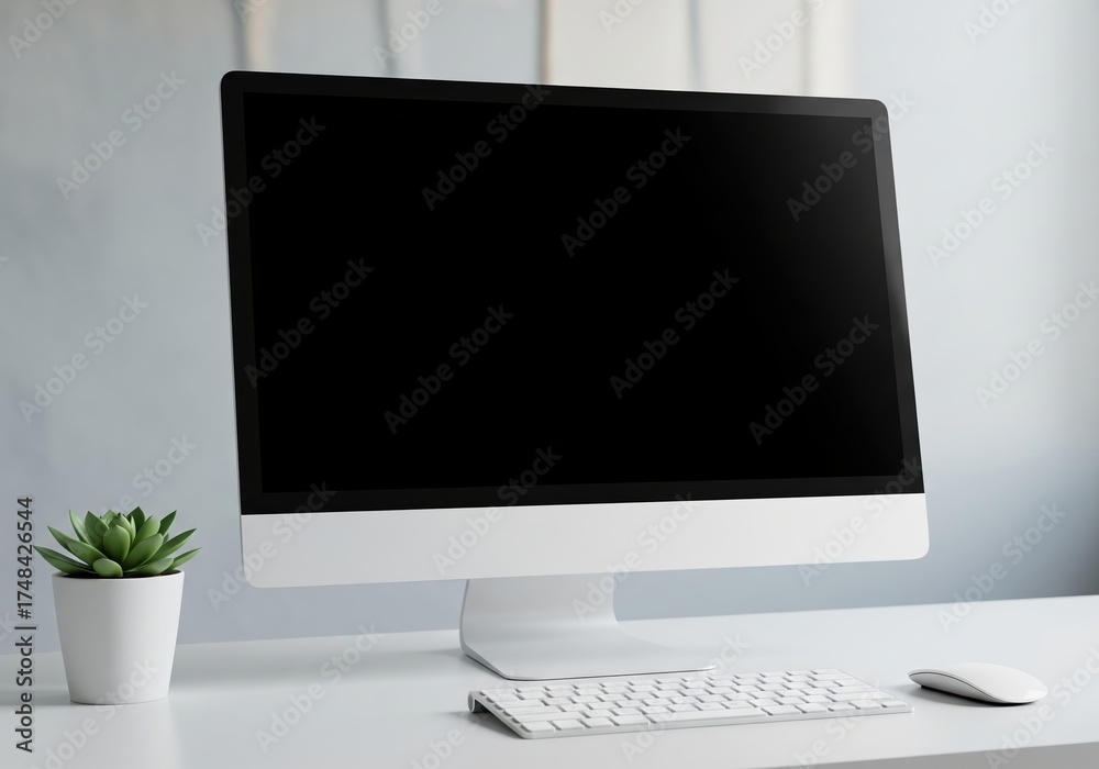 Fototapeta premium Sleek desktop computer with blank screen on a minimalist white office desk setup