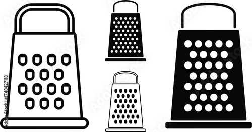 A collection of grater illustrations in black and white variations