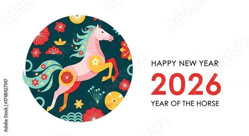 Stylized pink horse illustration with floral patterns inside a dark teal circle text Happy New Year 2026 Year of the Horse on white background Celebration Festive Animal China Chinese Zodiac