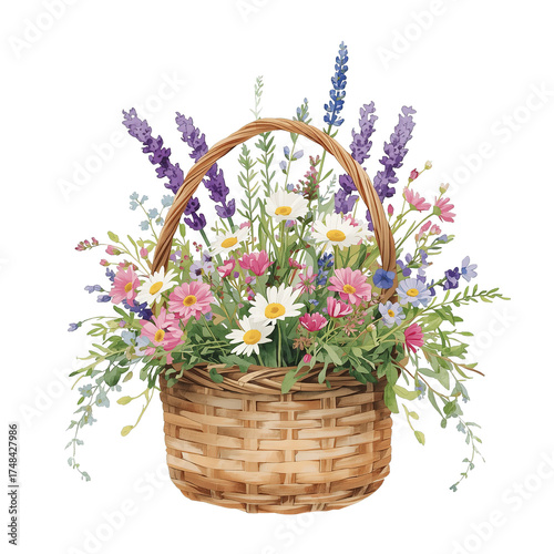 Delightful basket overflowing with daisies, lavender, and wildflowers creates an enchanting, timeless design element perfect for spring and summer projects or invitations