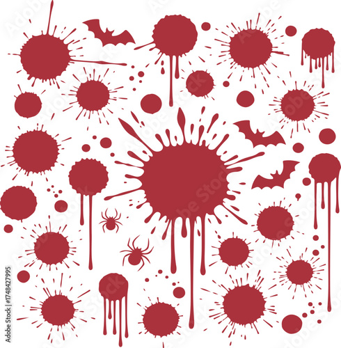 Red blood splatter with bats and spiders isolated