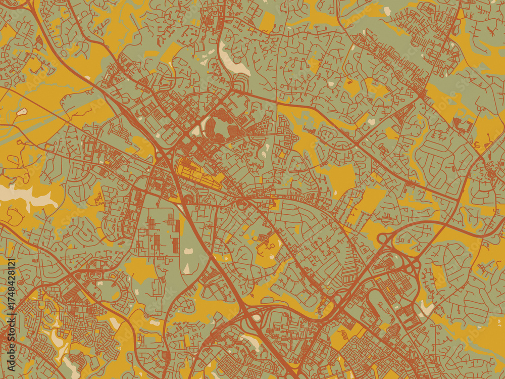 Obraz premium Graphic flat color map of Gaithersburg, Maryland in earthy sage background with rust roadways and ochre details.