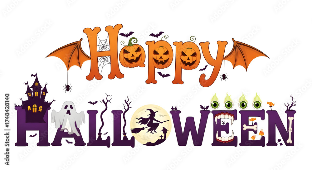 Fototapeta premium Happy Halloween creative word art on white background