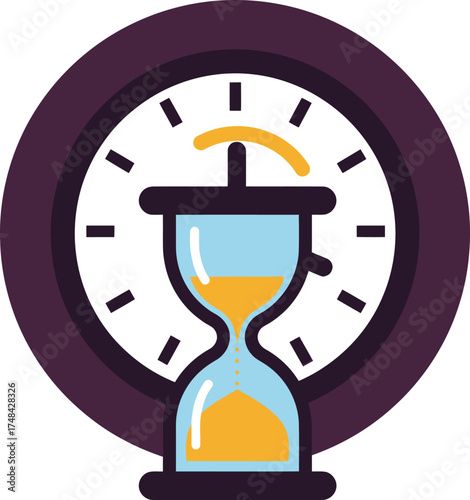 Clock face with hourglass, a symbol of time management, deadline