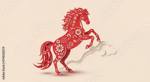Festive red paper cut horse adorned with floral patterns and geometric motifs rearing up on stylized clouds against a soft beige background traditional art culture design celebration