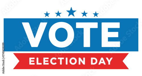 A graphic with the word VOTE in blue and ELECTION DAY in red, with stars above.