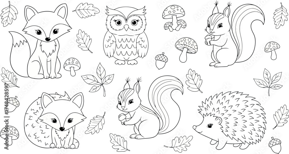 Fototapeta premium Vector art of cute woodland animals and autumn leaves, handdrawn in a simple outline style