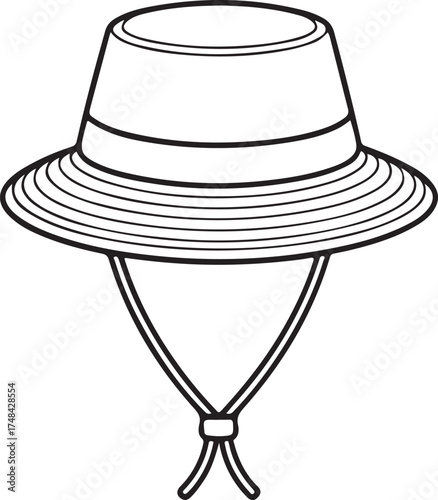 Black and white line art of a bucket hat with chin strap headwear accessory