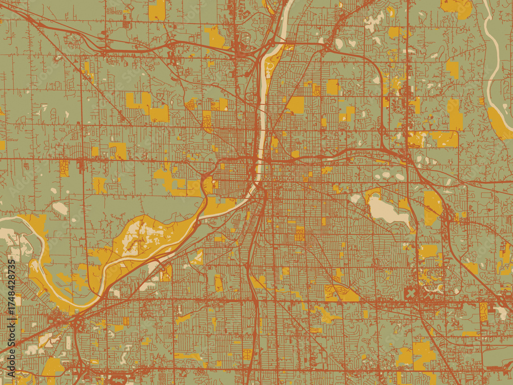 Obraz premium Poster-ready flat map of Grand Rapids, Michigan, sage green ground with rust-red roads and ochre accents.