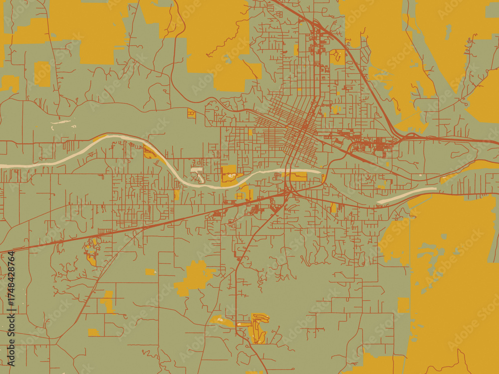 Naklejka premium Abstract flat-design map of Grants pass, Oregon, featuring olive backdrop with warm rust street network and ochre blocks.
