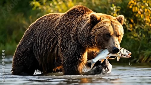 Large brown bear standing in cold river catching silver fish in mouth during sunlight.