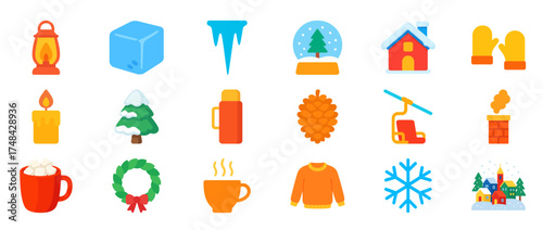 Winter Flat Icon Set with Hot Drink, Snowflake, Sweater, Pine Tree, Mittens, Cabin, and Christmas Elements