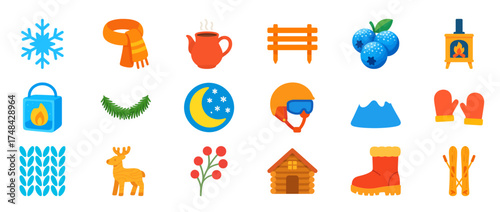Flat Winter Icon Collection with Snowflake, Mittens, Ski Gear, Cabin, Scarf, Fireplace, Hot Drink, and Moon Elements