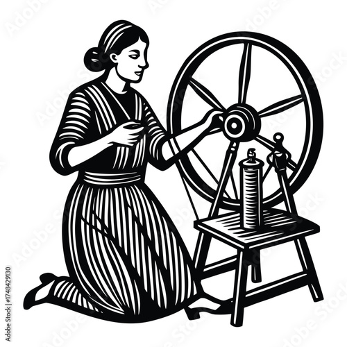Woman Spinning Wheel Silhouette Vintage Art Illustration Black and White on White Background