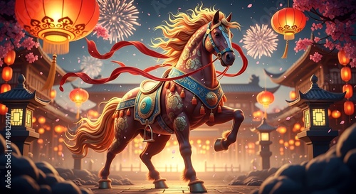 Ornate brown horse adorned with blue and gold trappings running amidst traditional Asian architecture illuminated by red lanterns and exploding fireworks under a night sky animal festive