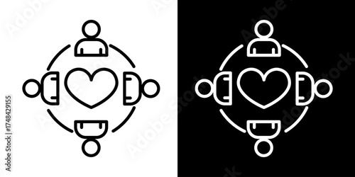 Vector line icon of people sitting in a circle around a heart symbol representing teamwork unity compassion and community care in black and white outline style