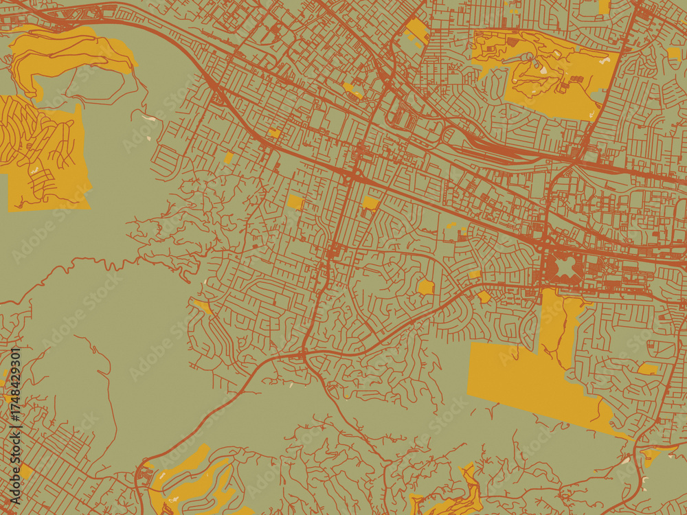 Obraz premium Stylized minimalist map of Hacienda Heights, California in earthy sage background with rust roadways and ochre details.