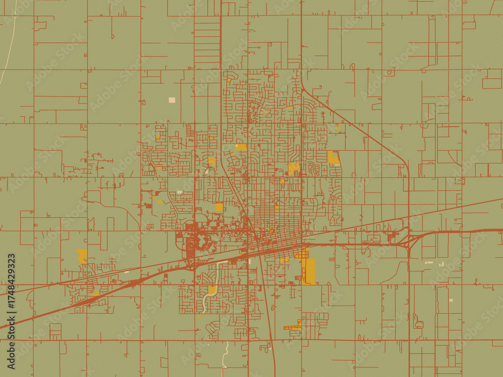 Obraz premium Vector-style flat map of Hanford, California with earthy sage background with rust roadways and ochre details.