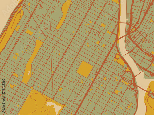 Cuadro en lienzo Flat painterly map of Harlem, New York in muted sage base, rust-colored roads, and soft ochre highlights