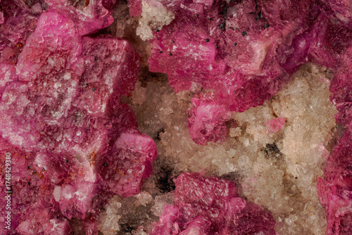 Pink Cobaltocalcite. Macro crystals from Kolwezi Deposit,  Congo – Micro Photo of Natural Gemstone Cluster with Detailed Magenta Texture. 3.7X zoom magnification