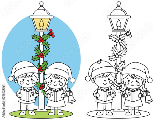 Cute Cartoon Kids Christmas Caroling by Lamppost with Holly - Coloring Page Included