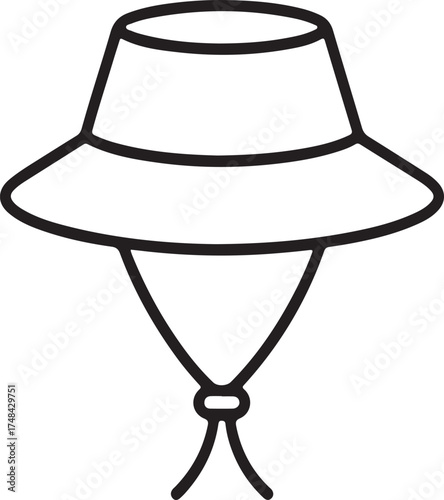 Black outline of a bucket hat with chin strap headwear accessory