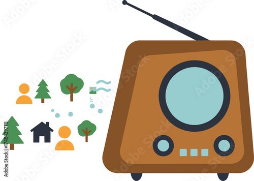 Vintage radio broadcasting nature scene, concept of remote exploration
