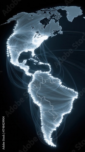 Glowing map of north and south america at night