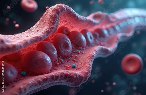 Close up medical view of red blood cells flowing through vessel. Tiny blue particles represent platelets small elements. Blood circulation anatomy shows red corpuscles in detailed microscopic view.