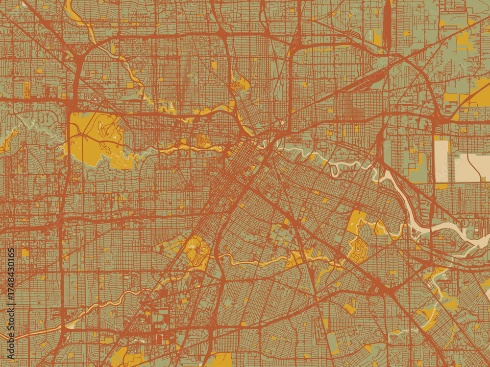 Obraz premium Vector-style flat map of Houston, Texas with muted sage base, rust-colored roads, and soft ochre highlights.