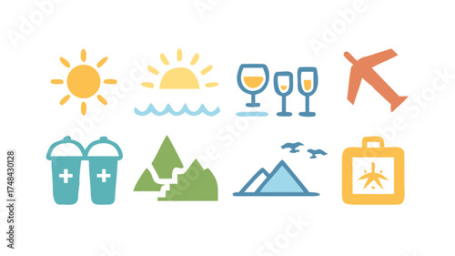 summer travel icon set. holiday tour icons for app and website containing hotel sun camp mountain drink plane island. transparent png and vector.icon
