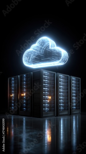 Glowing blue cloud computing symbol hovering over server racks in a dark room