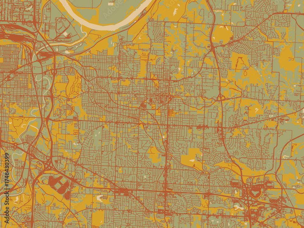 Obraz premium Graphic flat color map of Independence, Missouri in muted sage base, rust-colored roads, and soft ochre highlights.