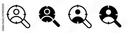 Conjunto de iconos de búsqueda del usuario. Exploración, detección, análisis de perfil y localización digital. Ilustración vectorial